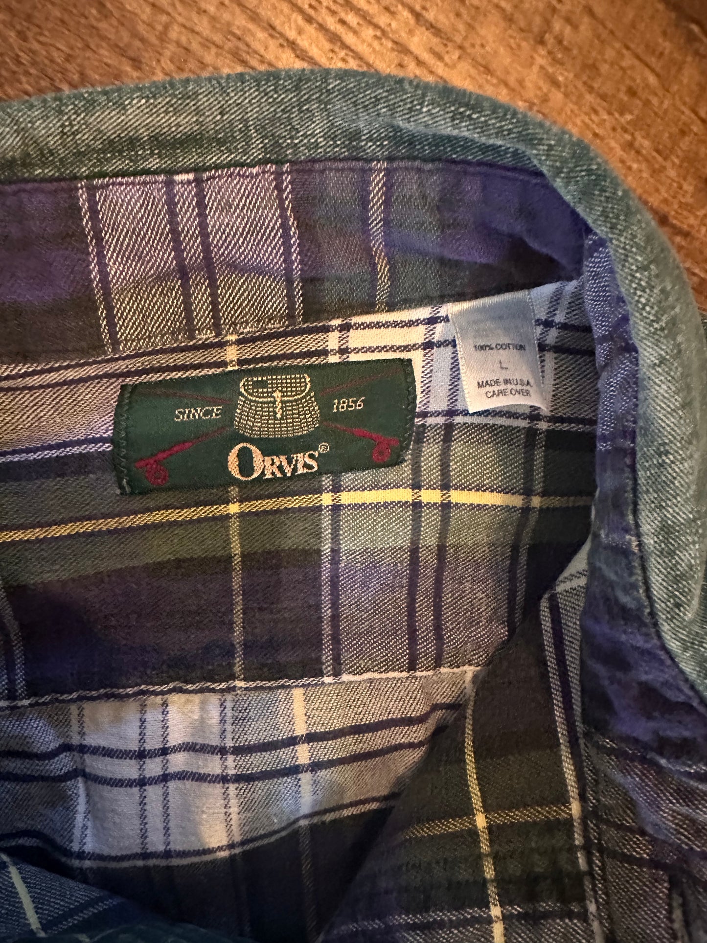 Vintage Distressed Orvis Lined Button Down (L) Embroidered Fly Pocket and Elbow Patches - Forest Green