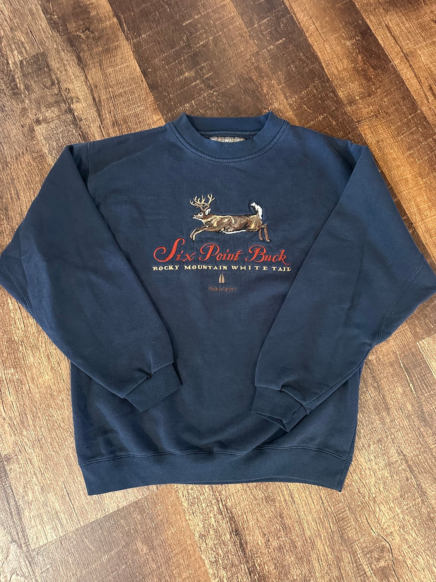Vintage Headwaters Crewneck (L) Embroidered Six Point Buck - Navy