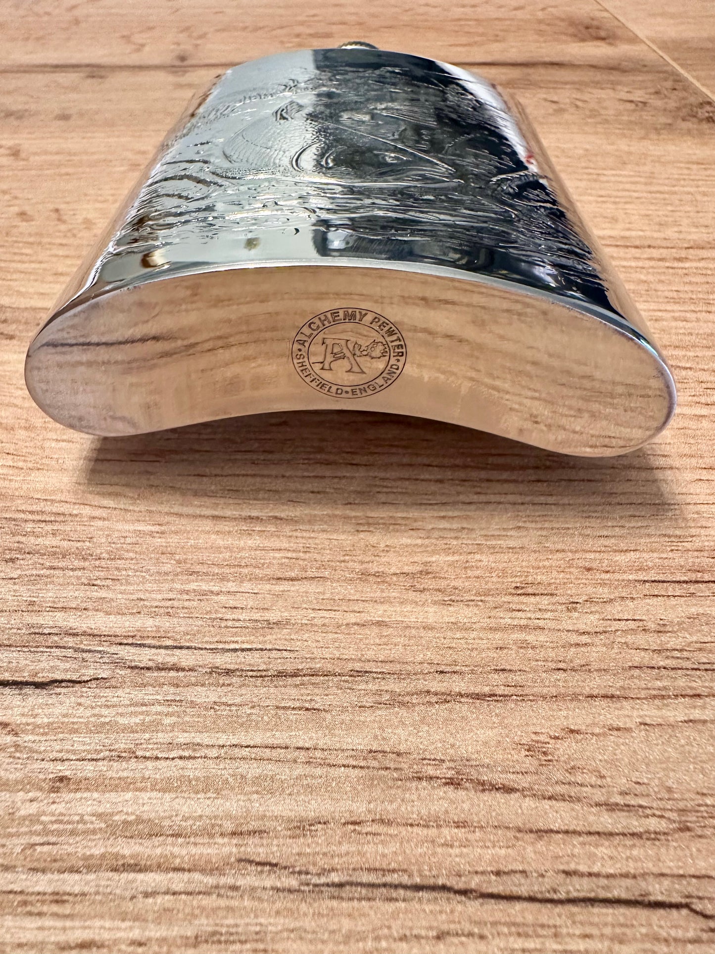 Vintage Alchemy Pewter Flask - Engraved Fly Fishing Scene