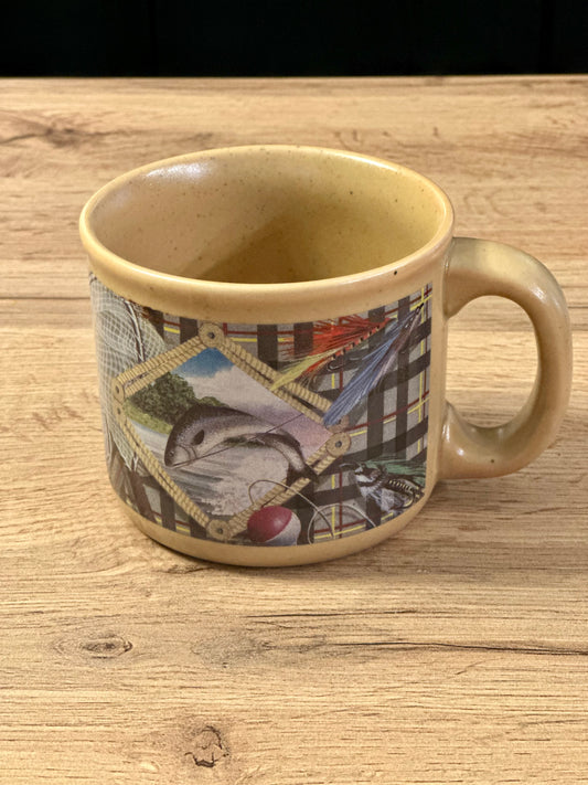 Vintage 1960s Tan Russ Berrie Mug with Trout and Fishing Gear
