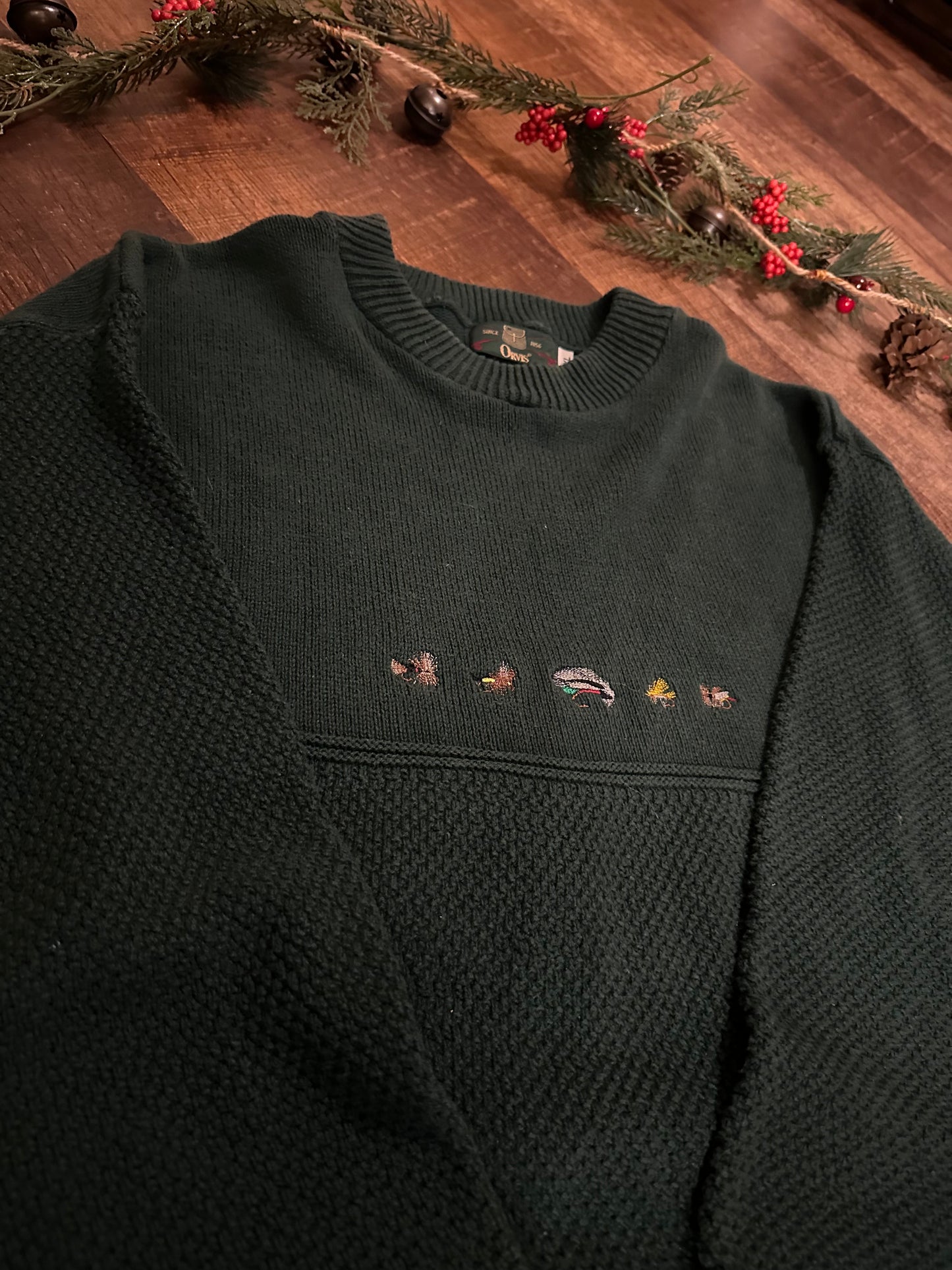 Vintage Orvis Sweater (XL) Embroidered Fly Lures - Forest Green