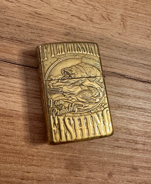 Vintage Zippo Freshwater Fish Lighter - “If I’m Missing I am Probably Fishing” - Gold