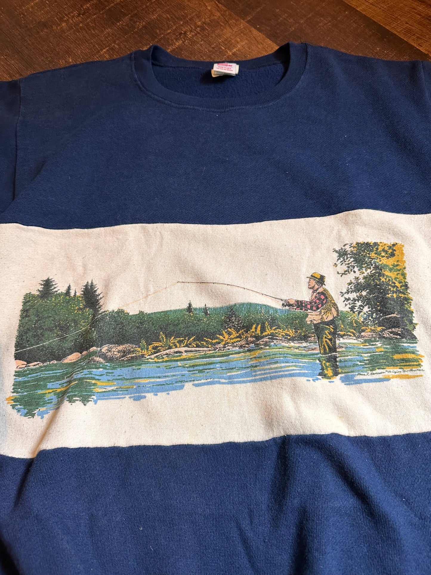 Vintage 80s Crewneck (XL) Fly Fisherman River Scene - Navy Blue