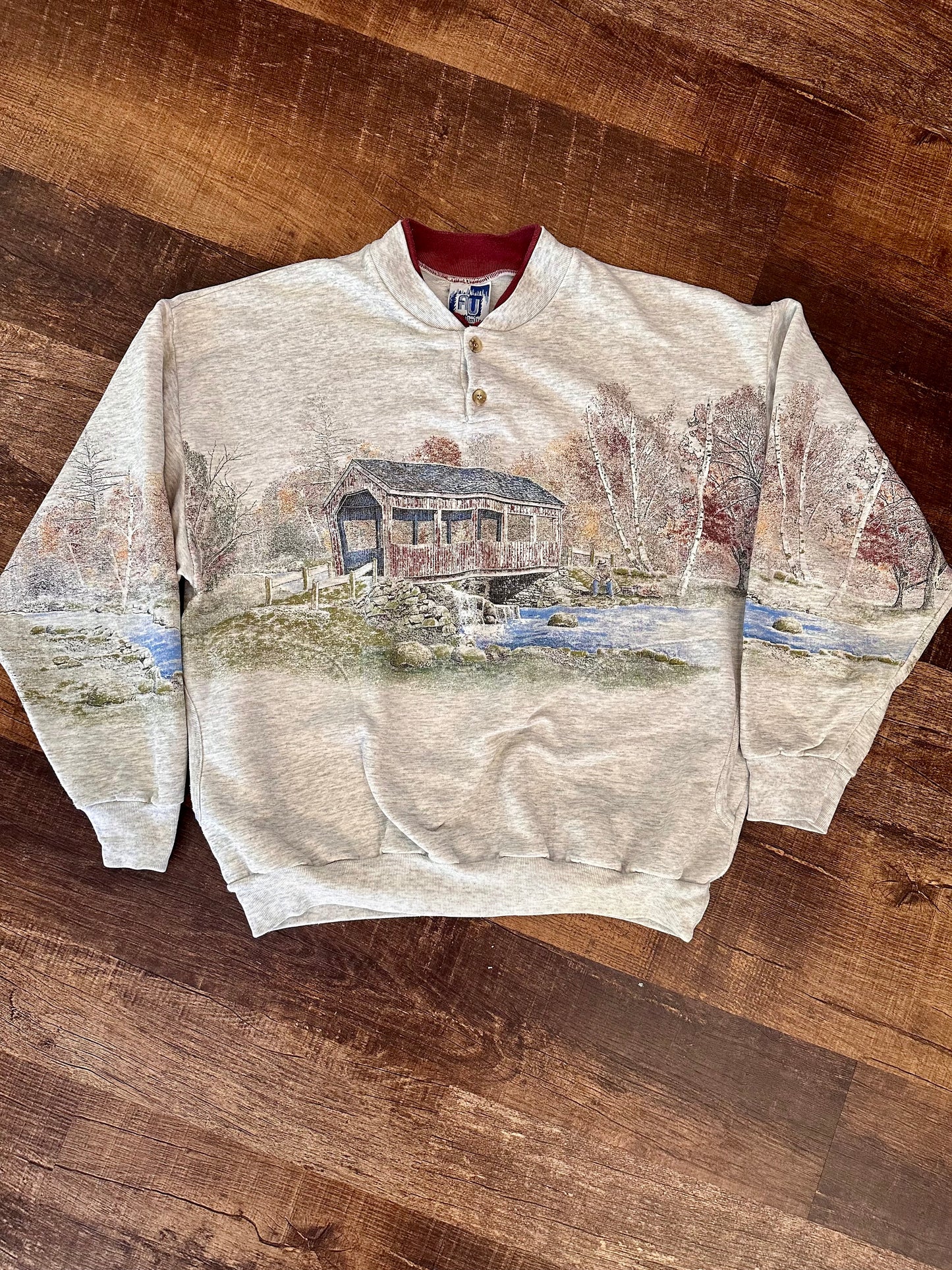 Vintage AU Art Unlimited Henley Crewneck (L) Bridge Fisherman Scene