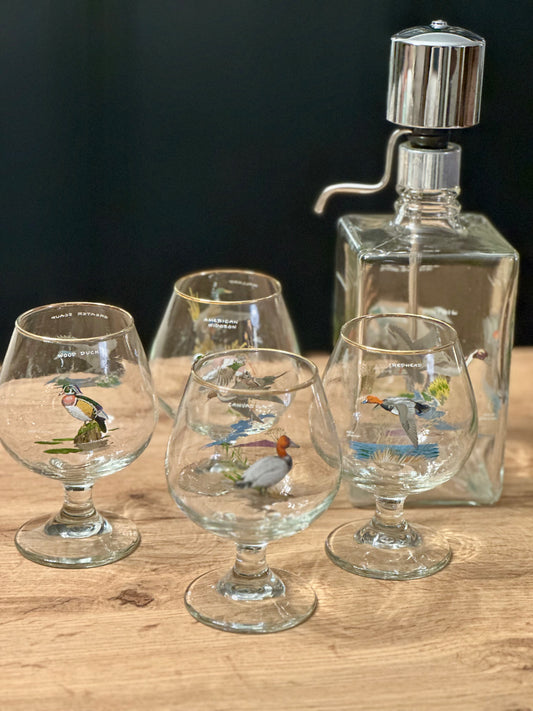 Vintage Rare Ned Smith Snifters (4) and Decanter - Waterfowl Edition
