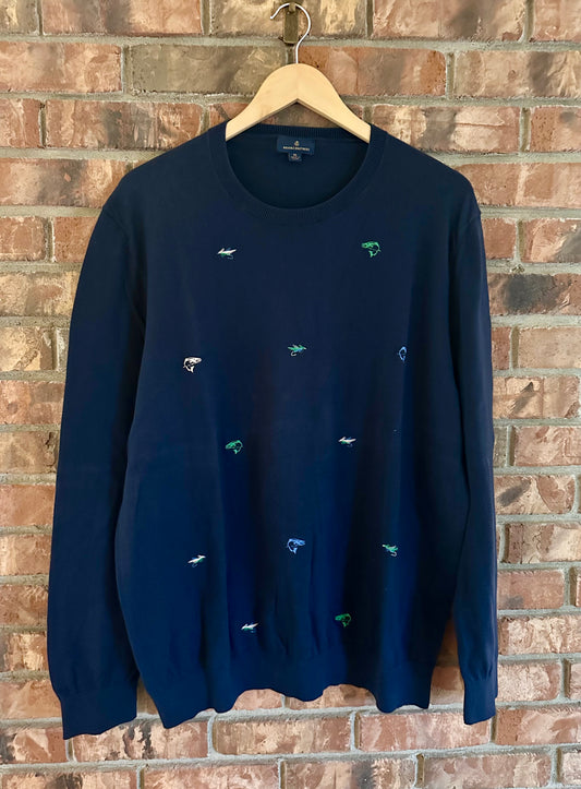 Brooks Brothers Sweater (XL) Embroidered Fly Fishing Navy Blue