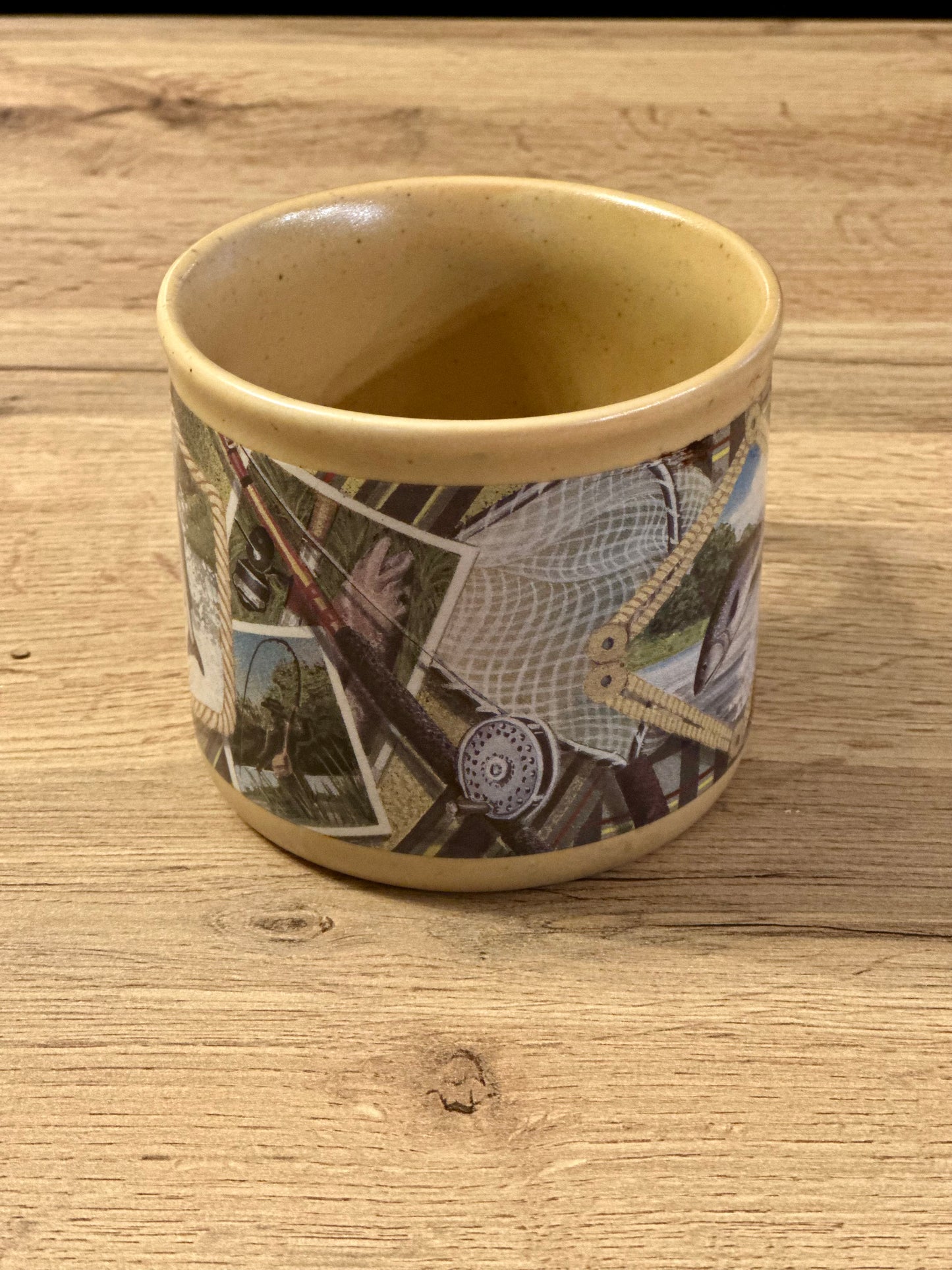 Vintage 1960s Tan Russ Berrie Mug with Trout and Fishing Gear