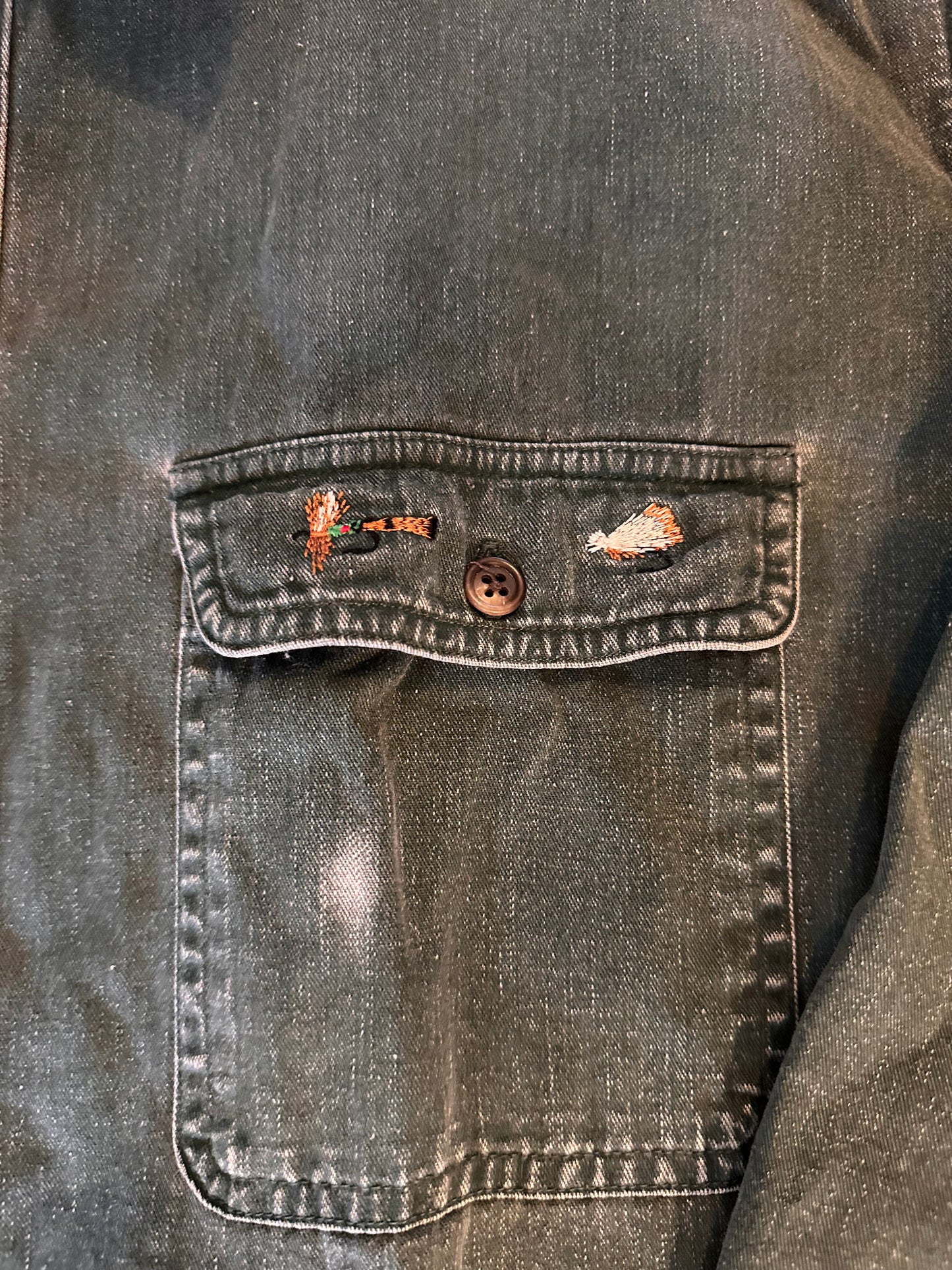 Vintage Distressed Orvis Lined Button Down (L) Embroidered Fly Pocket and Elbow Patches - Forest Green