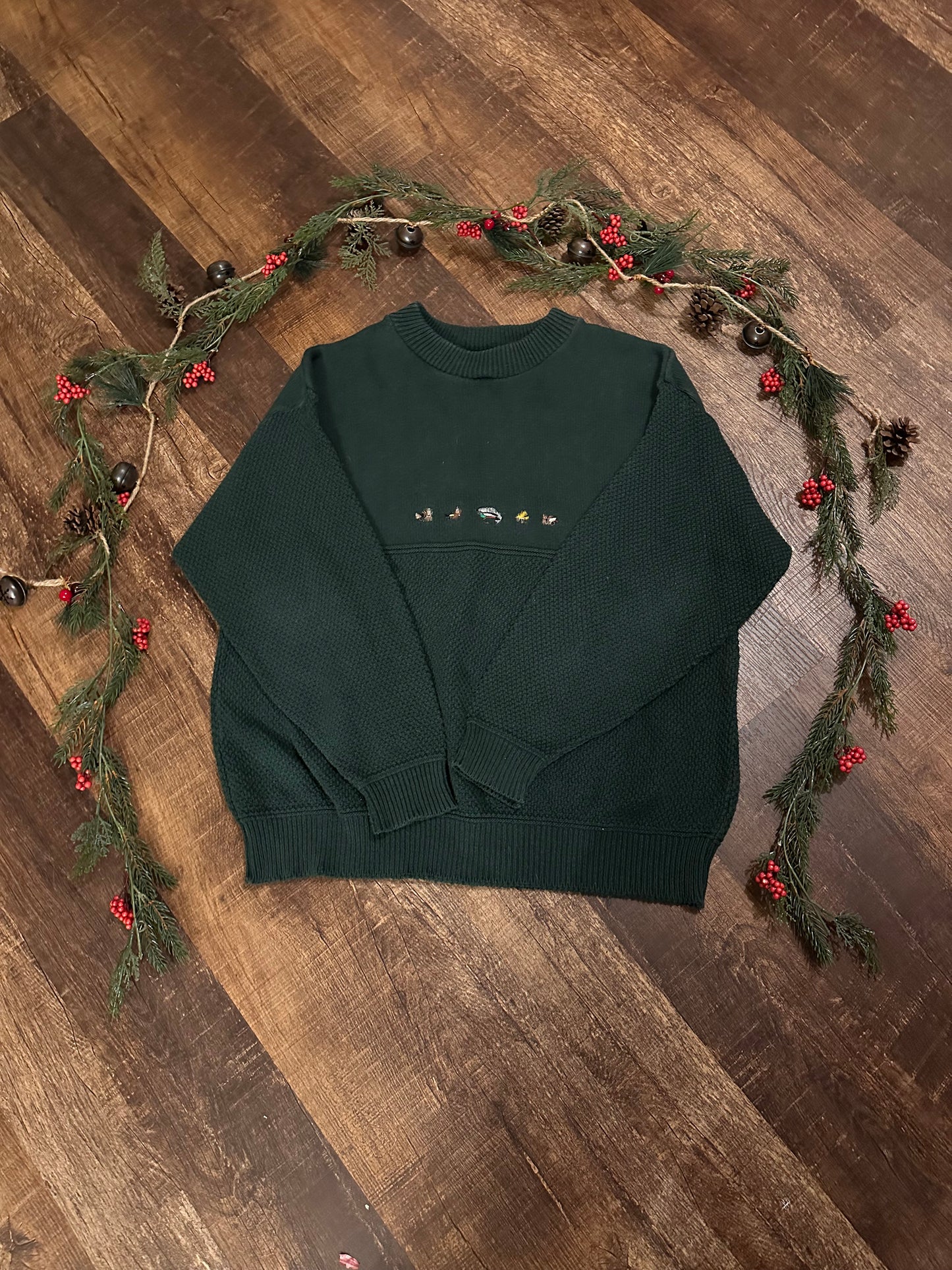 Vintage Orvis Sweater (XL) Embroidered Fly Lures - Forest Green