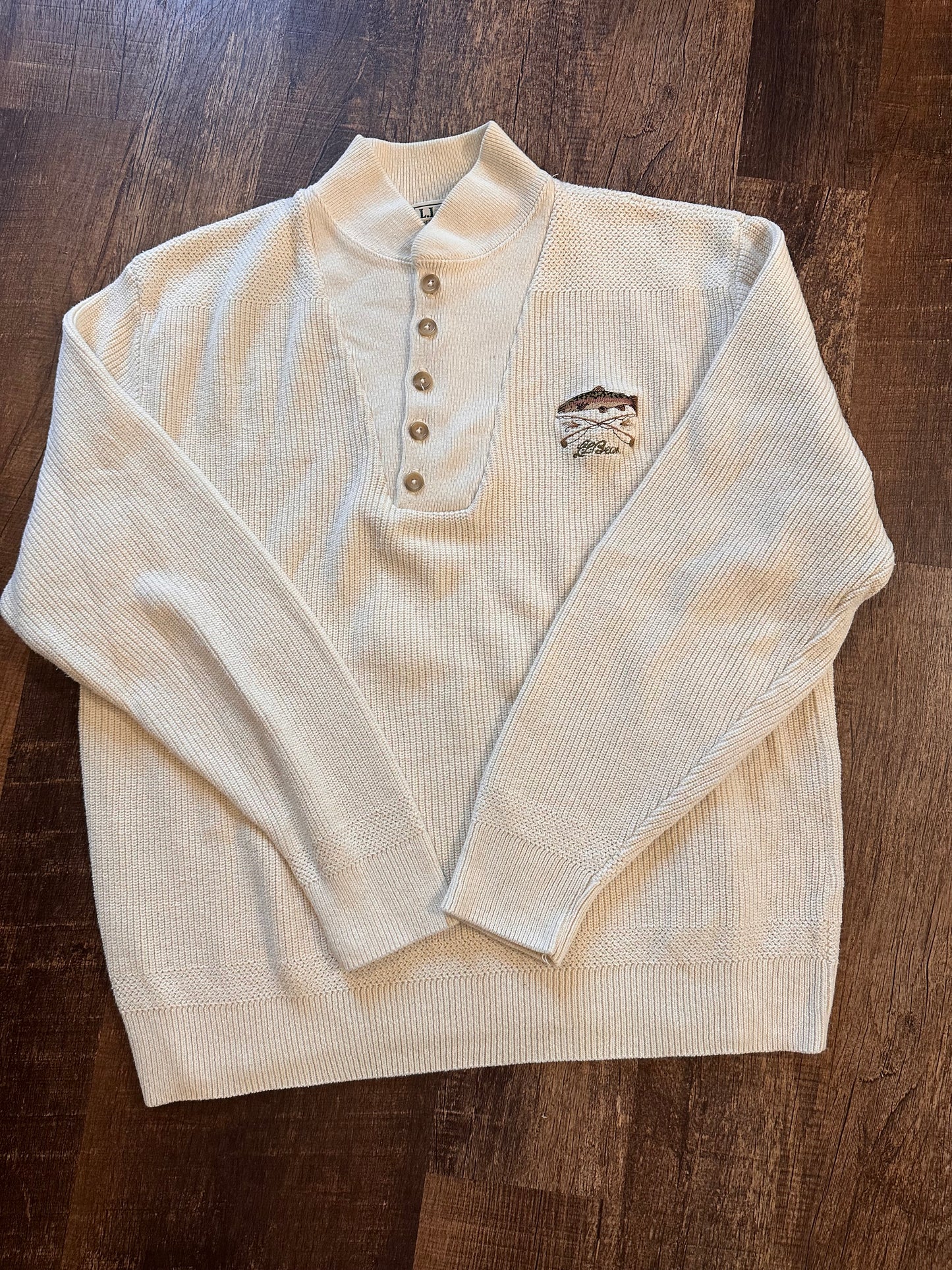 Vintage L.L. Bean Henley Sweater (L) Embroidered Trout Rod Logo - Cream white