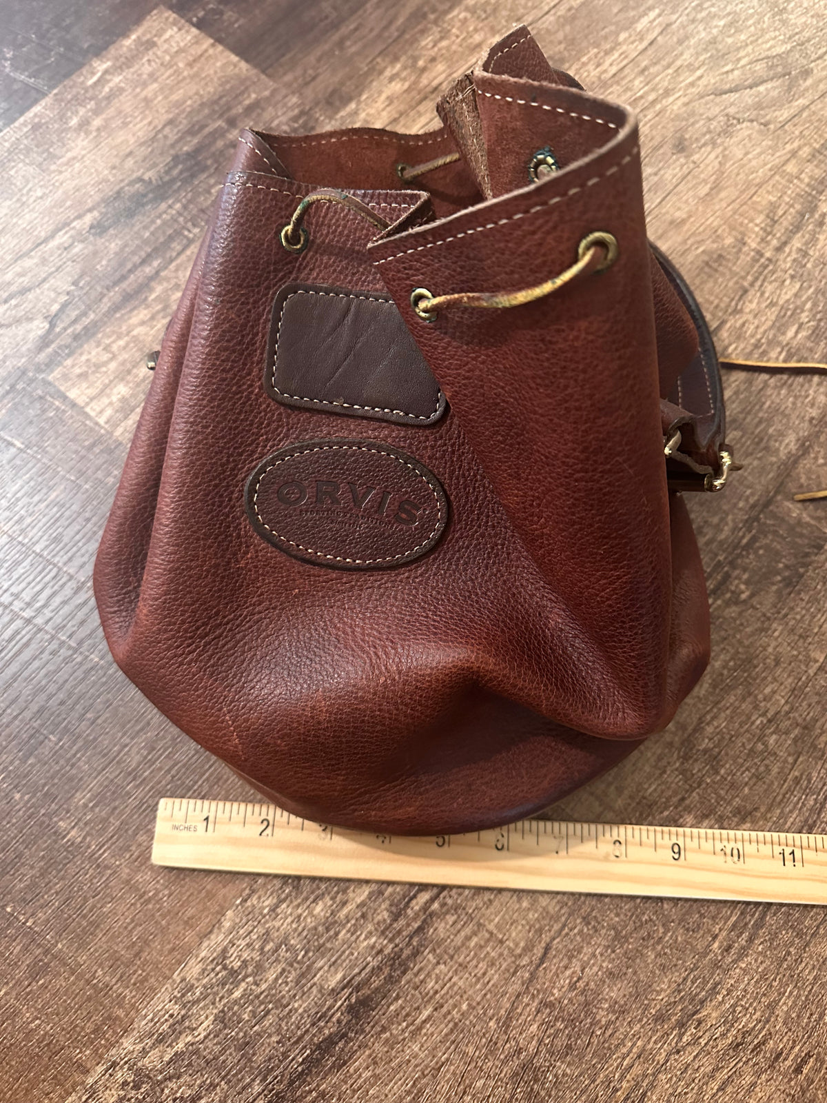Vintage Brown Leather Bucket Bag with Gold Buckles & Accents