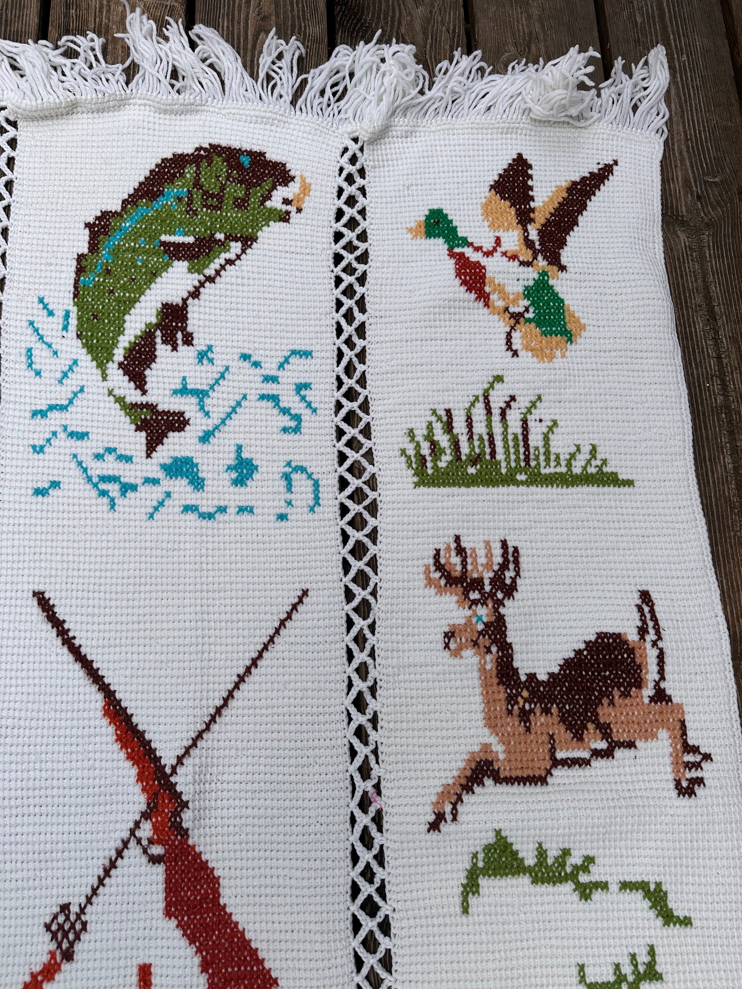 Vintage Mary Maxim Hand Knit Blanket - Hunting Deer, Ducks, Pheasant, Bass, Trout
