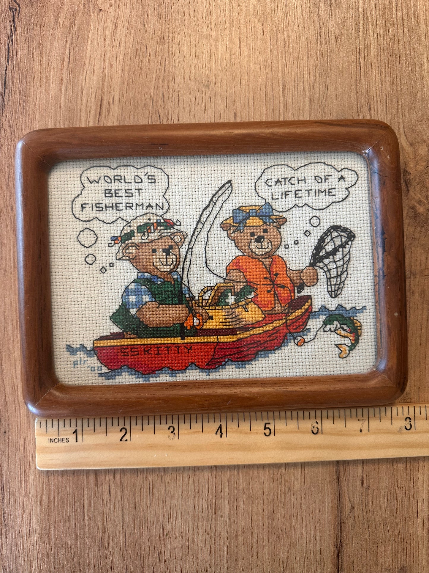 Vintage Framed Cross Stitch Fishing Couple Bears 8”x6”