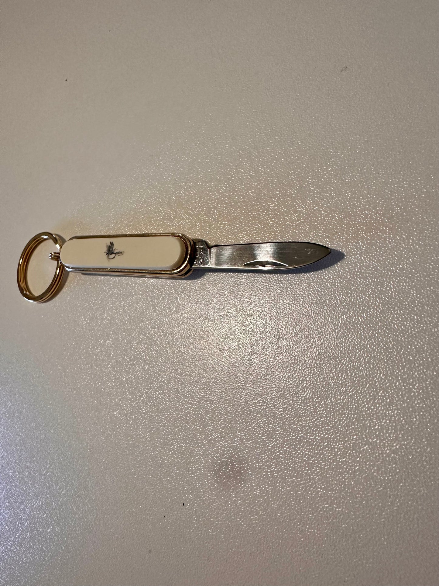 Vintage Barlow Keychain Pocket Knife Featuring Gold Tone Fly Fisherman Scene and Fly Lure (New in Box)