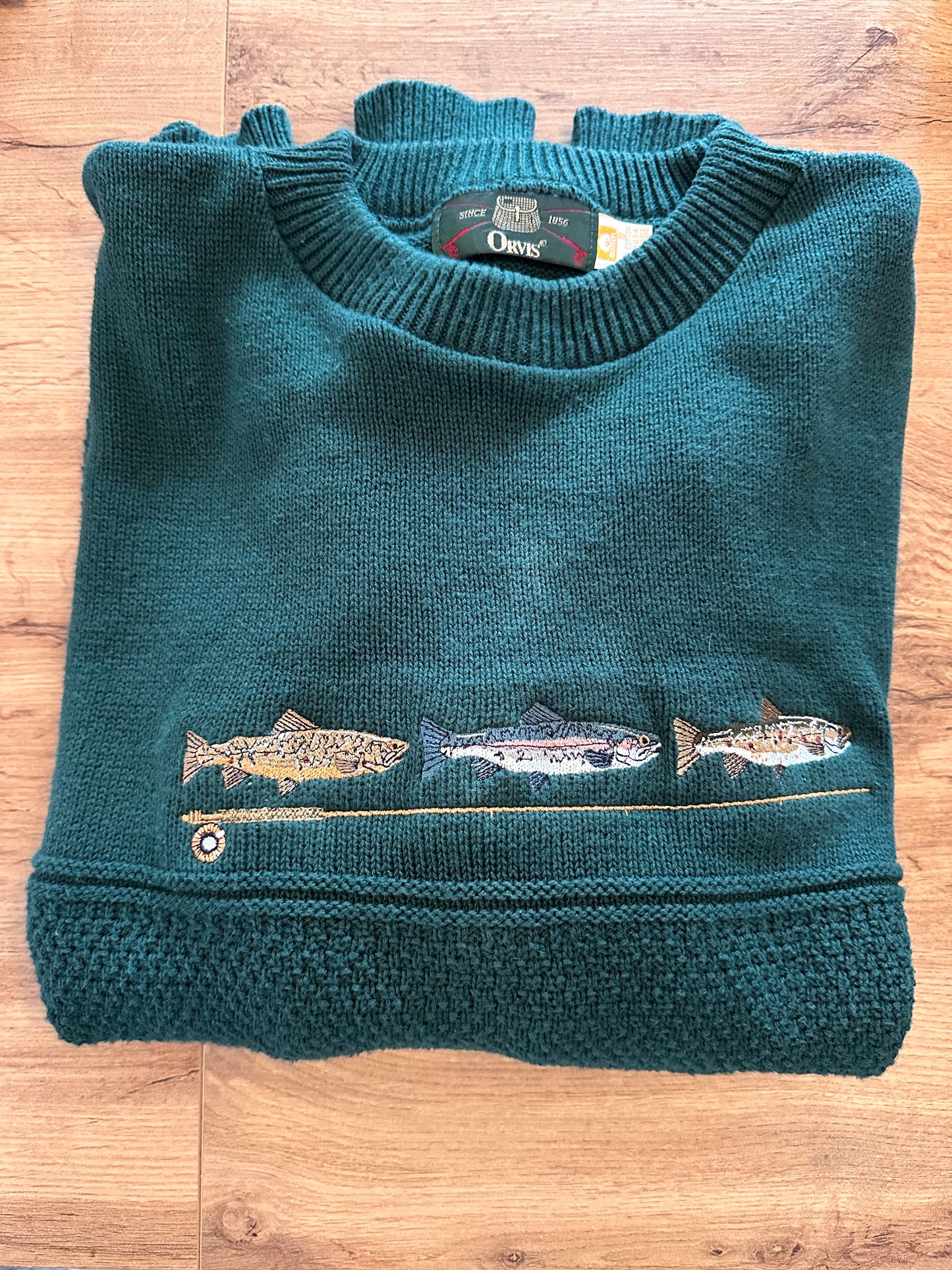 Vintage Orvis Sweater (XXL) Embroidered Trout and Fly Rod - Forest Green