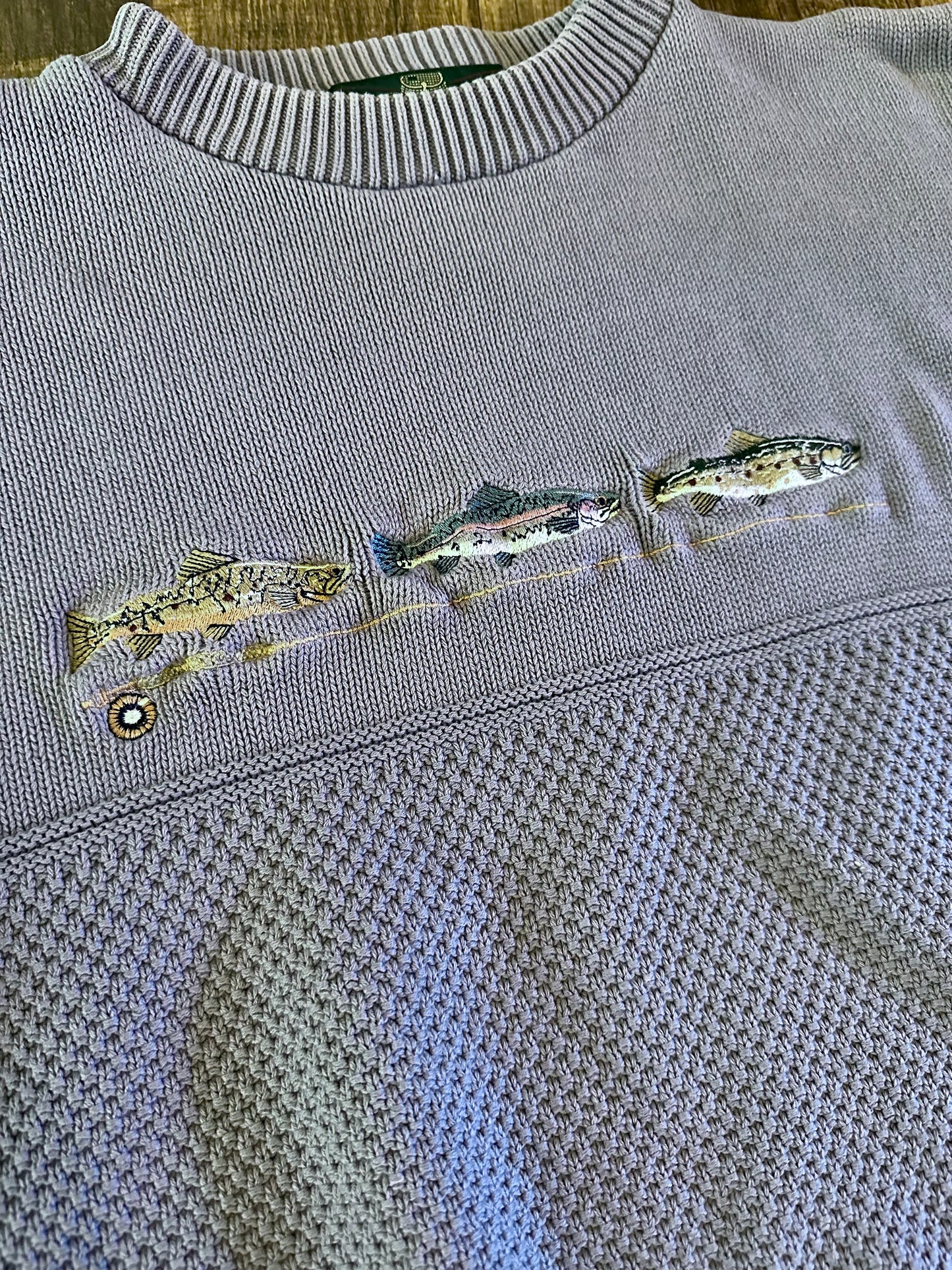 Vintage Orvis Sweater (L) Embroidered Trout and Fly Rod Light Blue