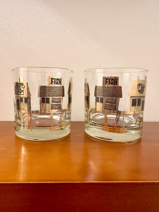 Vintage 1960s Arcoroc Whiskey Glass Set (2) 22K Gold Fishing Wharf