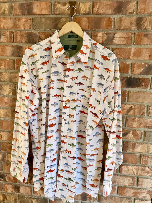 Vintage Orvis Button Down (XL) SINGLE NEEDLE Allover Fish