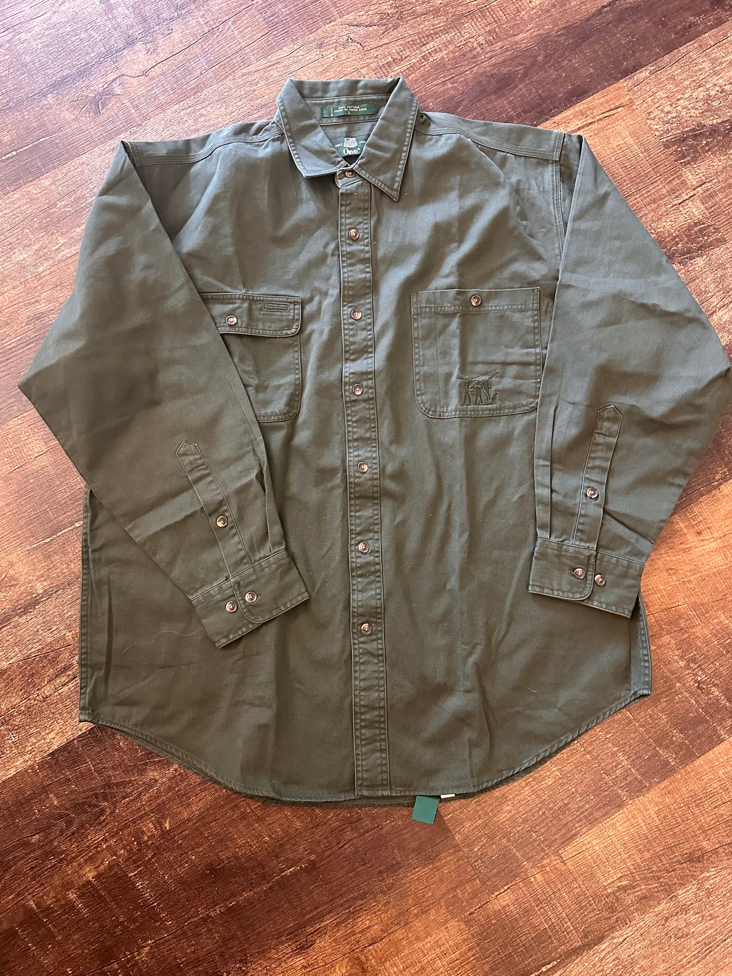 Vintage Orvis Button Down (L) Embroidered Heritage Fishing Shooting Dog - Green