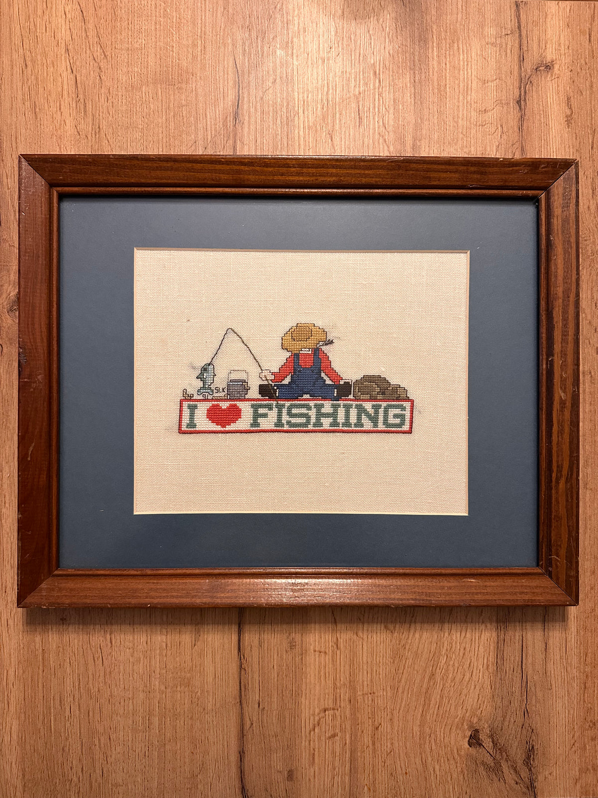 Vintage 1991 Cross Stitch I ❤️ Fishing Framed 15.5”x12.5”