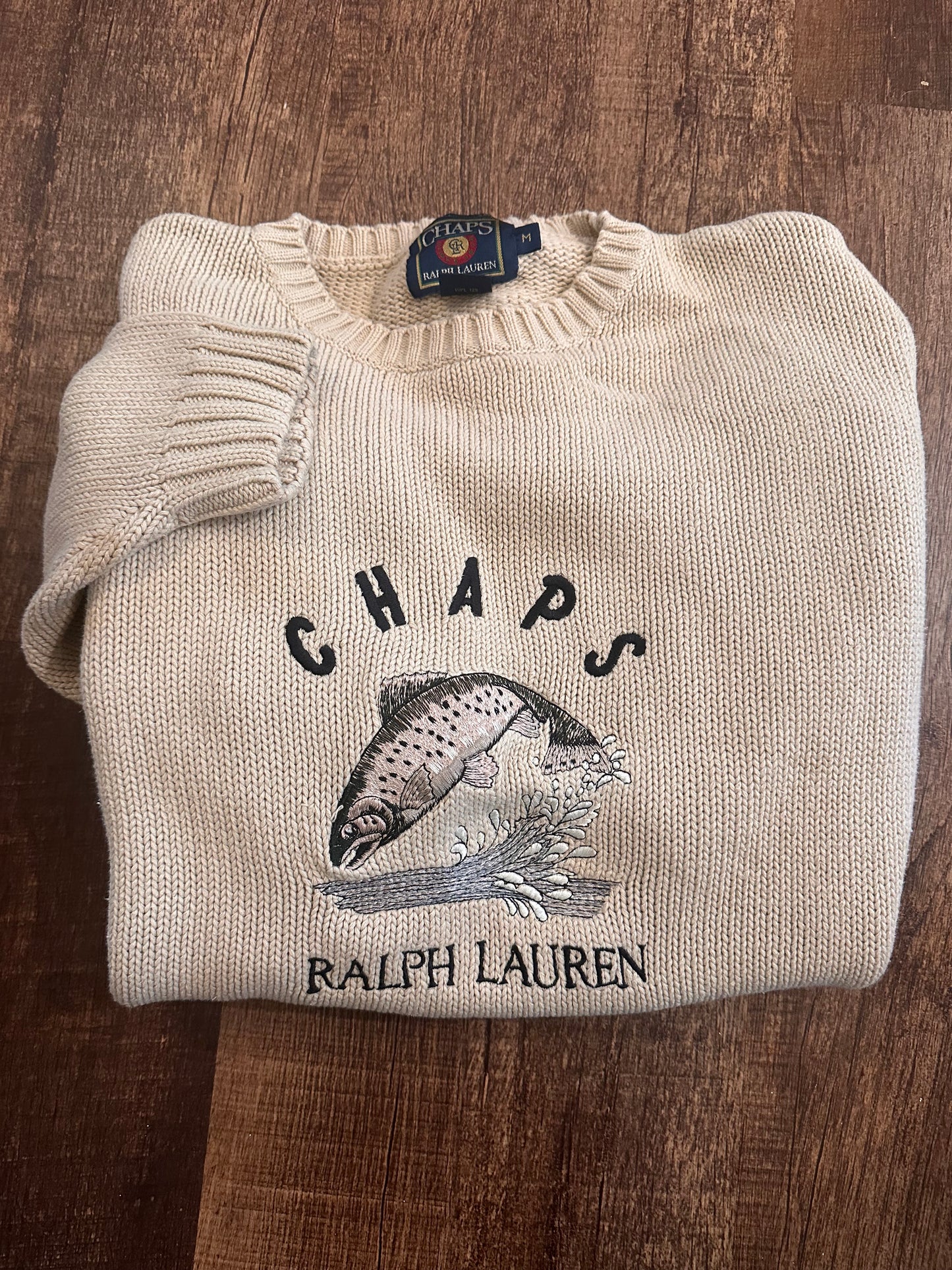 VTG Chaps RL Sweater (M) Embroidered Trout - Cream/Gray