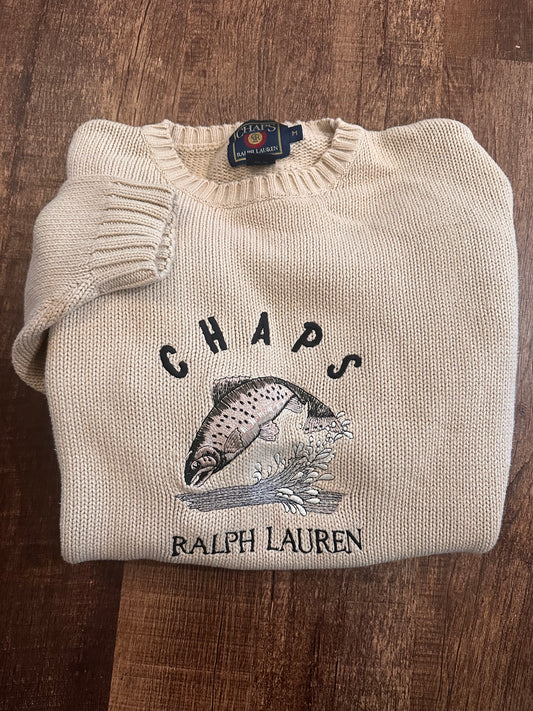 VTG Chaps RL Sweater (M) Embroidered Trout - Cream/Gray