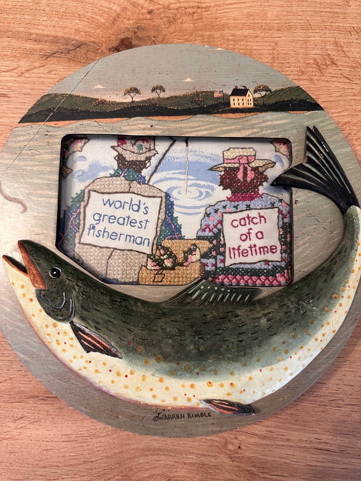 Vintage Cross Stitch Fisherman and Trout Frame