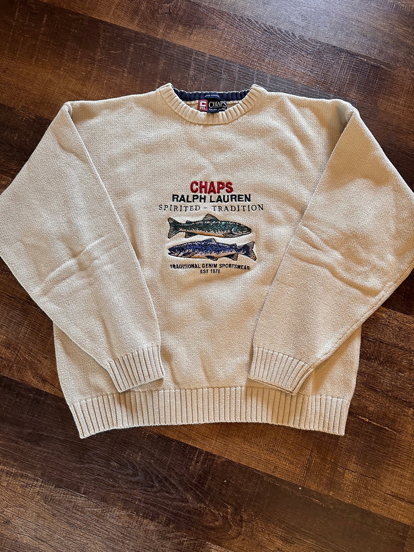 Vintage CHAPS RL Crewneck Sweater (L) Embroidered Spirited Tradition Trout - Cream
