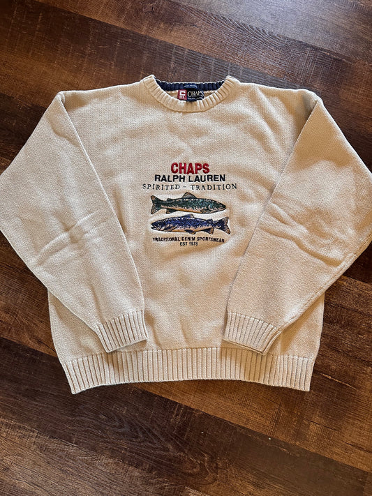 Vintage CHAPS RL Crewneck Sweater (L) Embroidered Spirited Tradition Trout - Cream