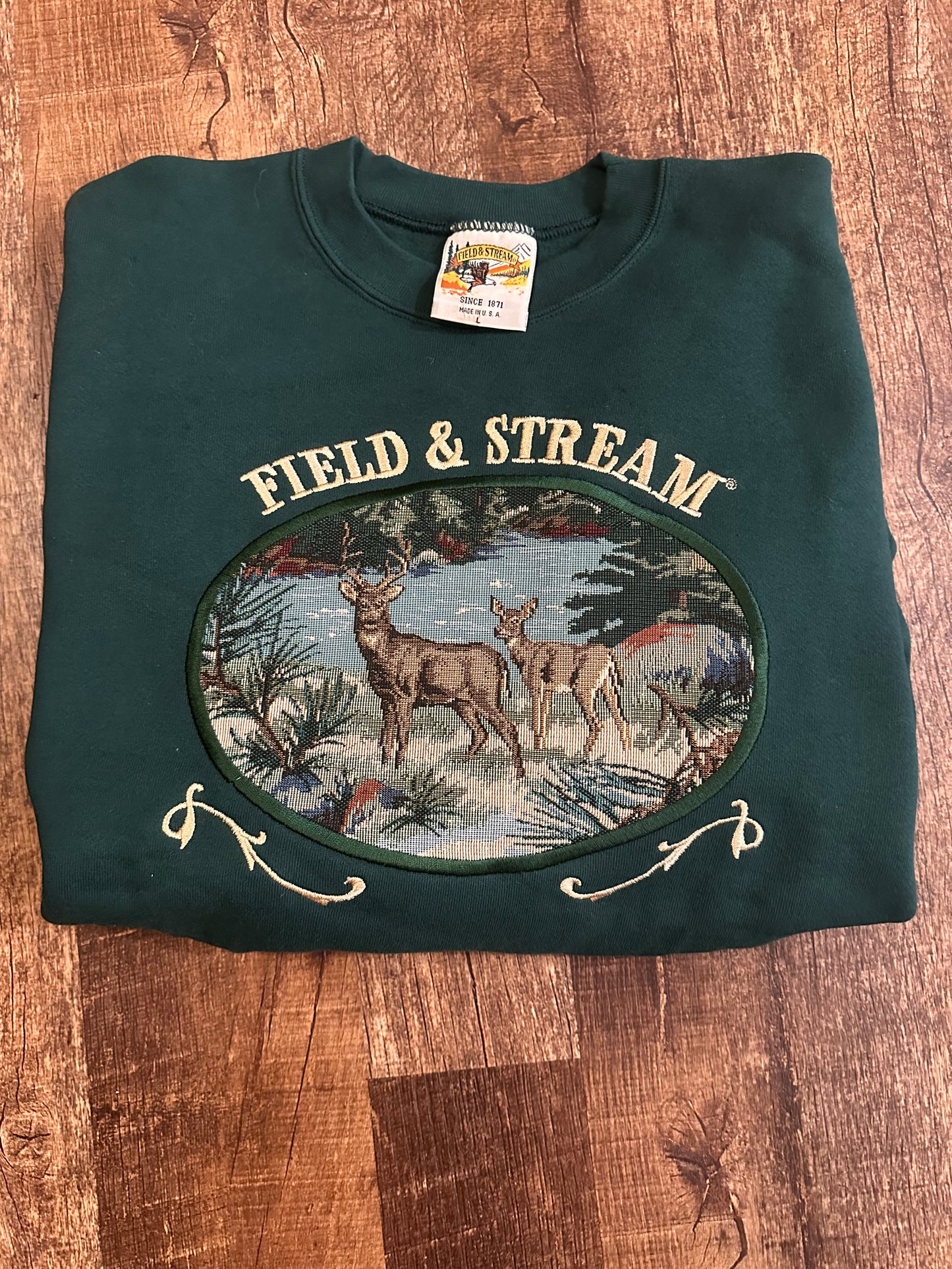 Vintage Field & Stream Crewneck (L) Tapestry Deer - Green * New