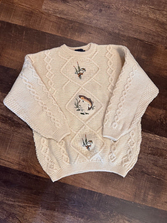 Vintage ACORN Pure New Wool Sweater (M) Embroidered Trout