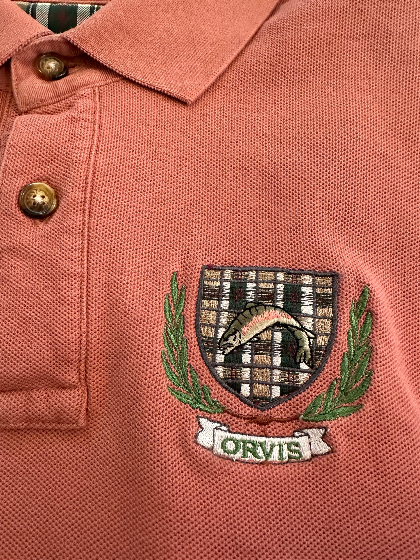 Vintage Orvis Polo (M) Embroidered Trout Crest - Salmon