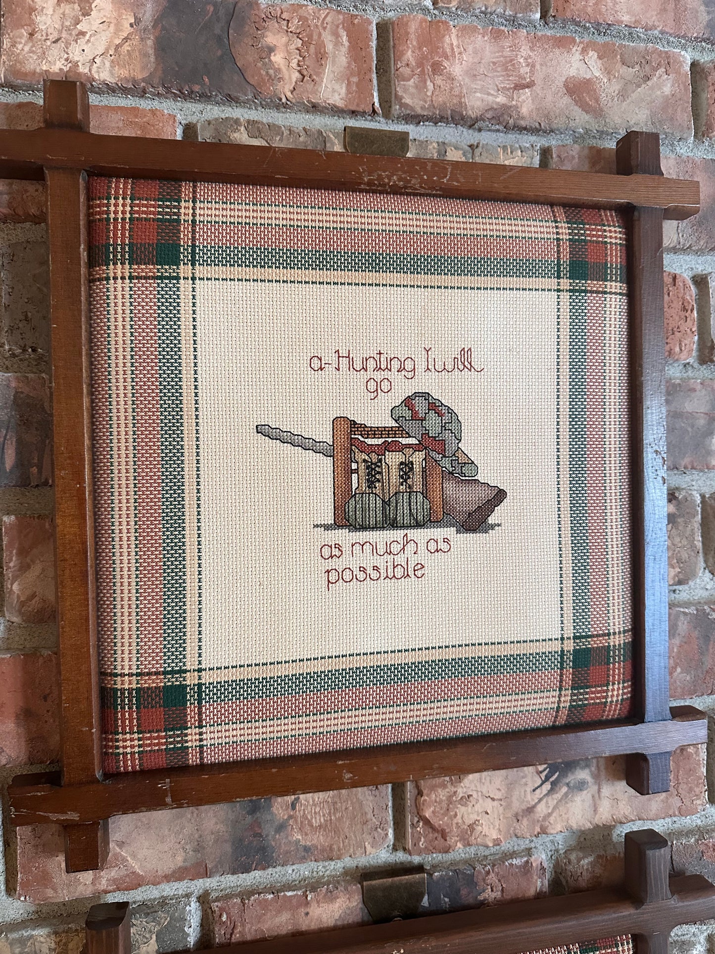 Vintage Cross Stitch Plaid Padded Cross Frame - “A Hunting I Will Go”