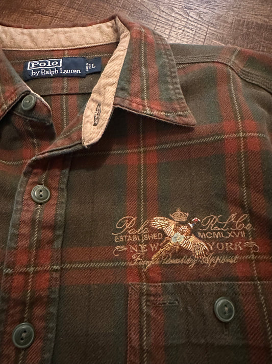 Vintage Polo Country Flannel (L) Embroidered Pheasant and Suede Elbow Patches
