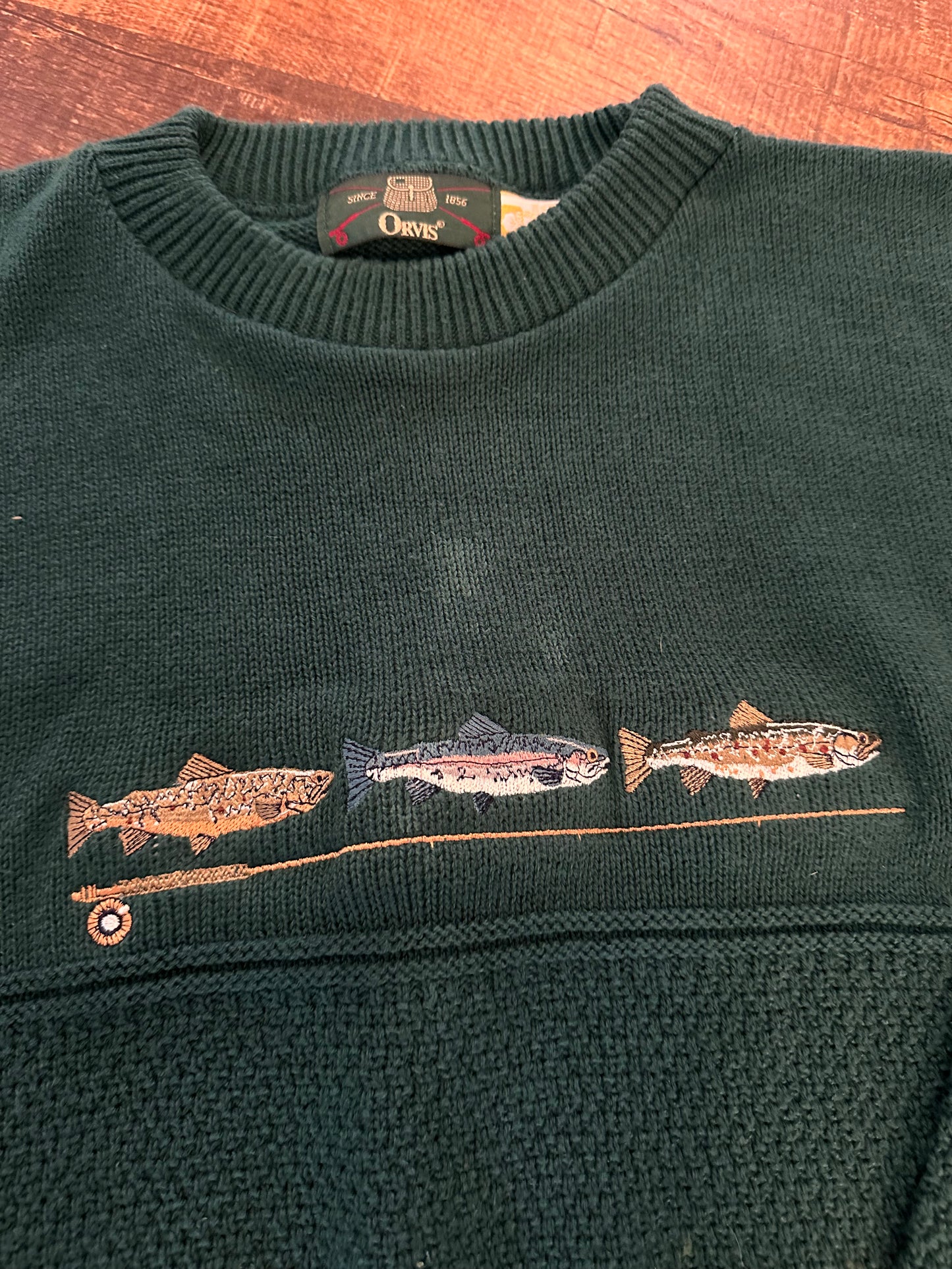 Vintage Orvis Sweater (XXL) Embroidered Trout and Fly Rod - Forest Green