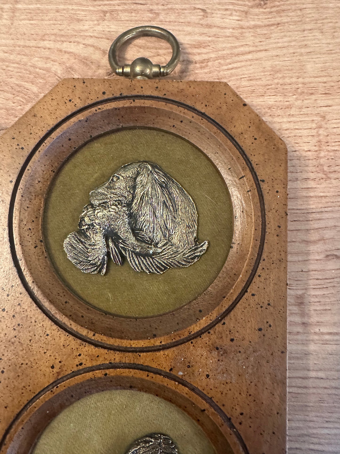 Vintage Wooden and Brass Wall Plaque Bird Hunting