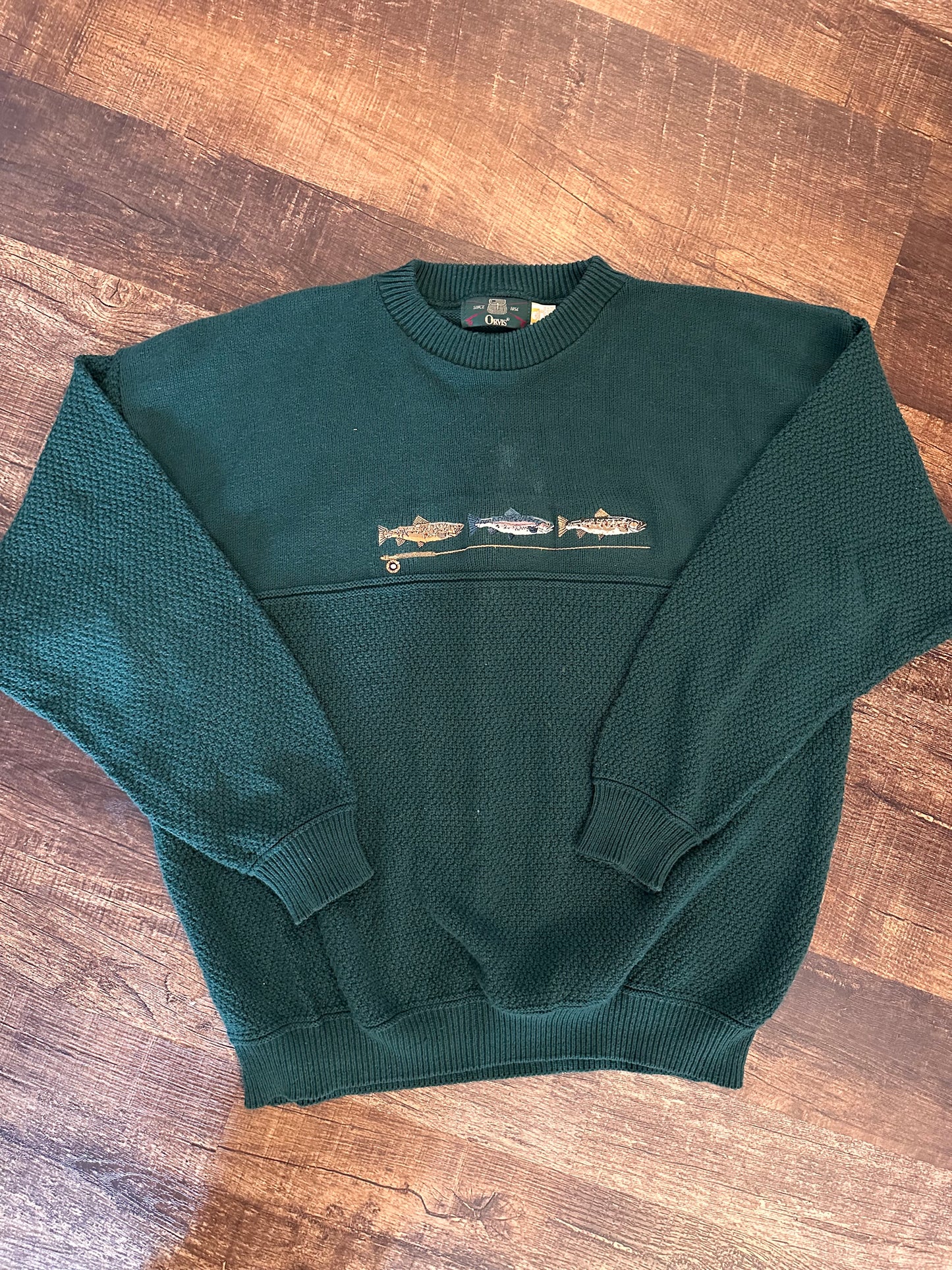 Vintage Orvis Sweater (XXL) Embroidered Trout and Fly Rod - Forest Green
