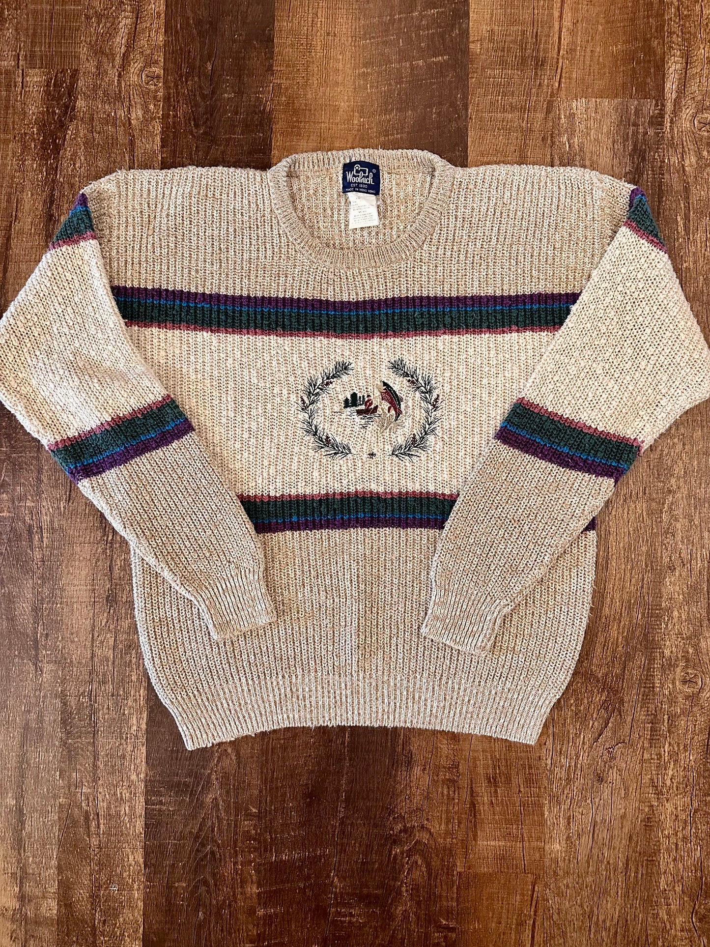 Vintage Woolrich Sweater (XL) Embroidered Drift Boat Trout Scene