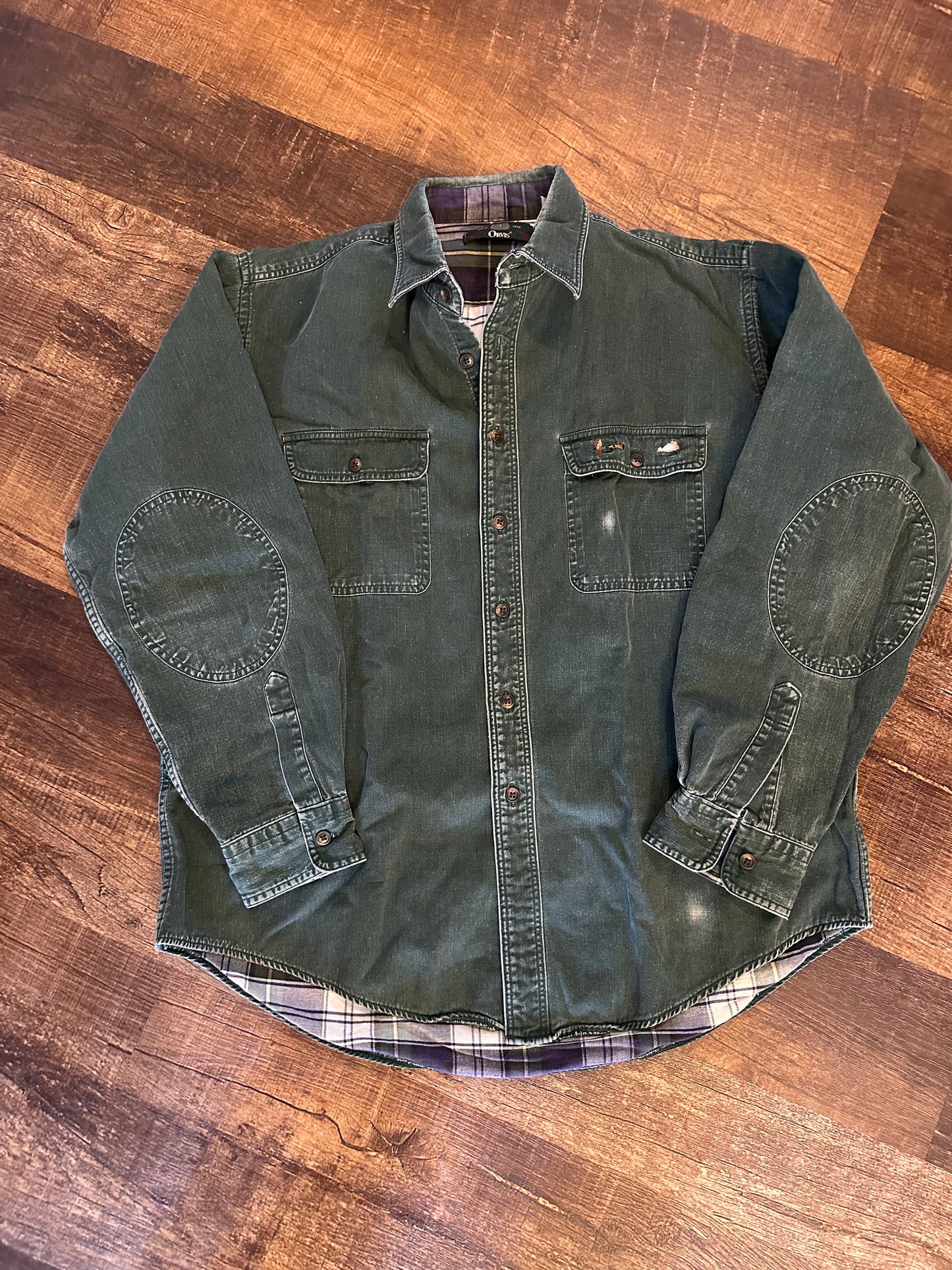 Vintage Distressed Orvis Lined Button Down (L) Embroidered Fly Pocket and Elbow Patches - Forest Green