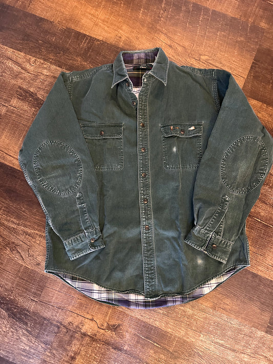 Vintage Distressed Orvis Lined Button Down (L) Embroidered Fly Pocket and Elbow Patches - Forest Green