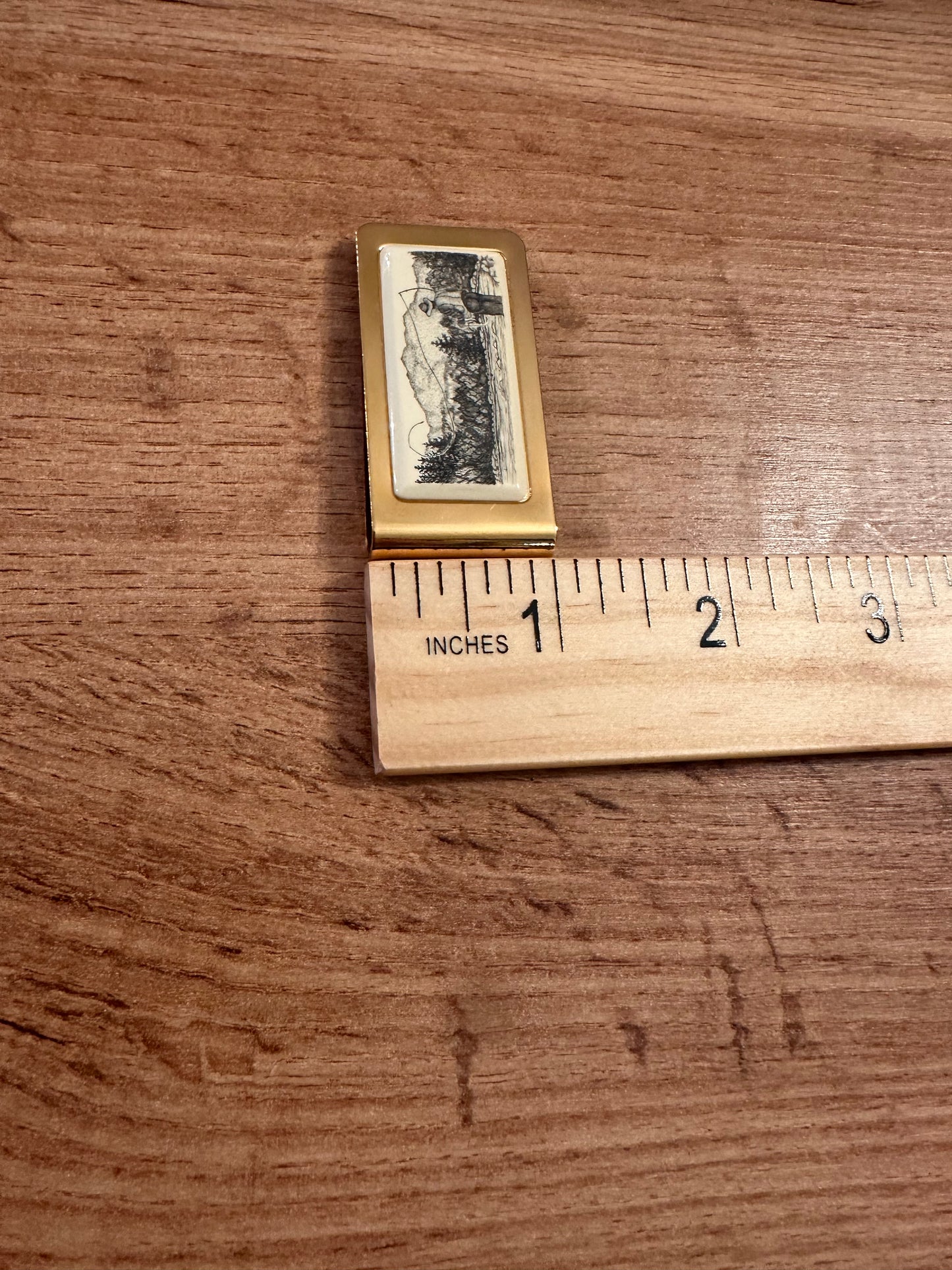 Vintage Barlow Money Clip - Fly Fishing Scene in Gold