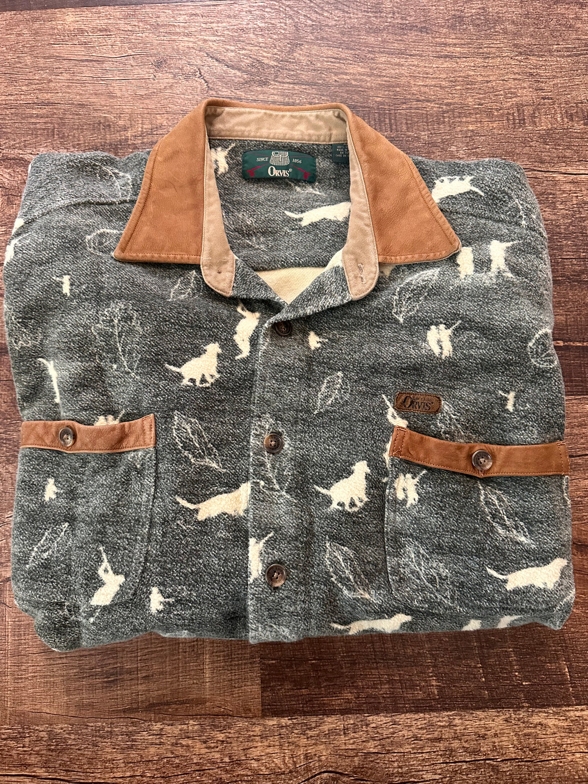 Vintage Orvis Chamois Fleece Button Down (XL) Bird Dog Scenes Autumn Leaves
