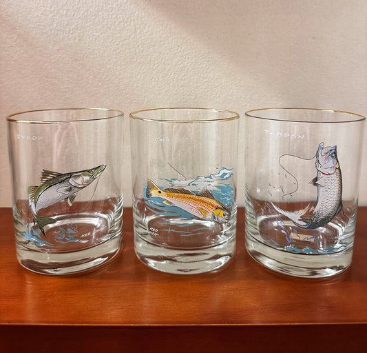 Vintage 1970s MINT Ned Smith Salt Water Fish Whiskey Glasses - Mid - (Set of 3)