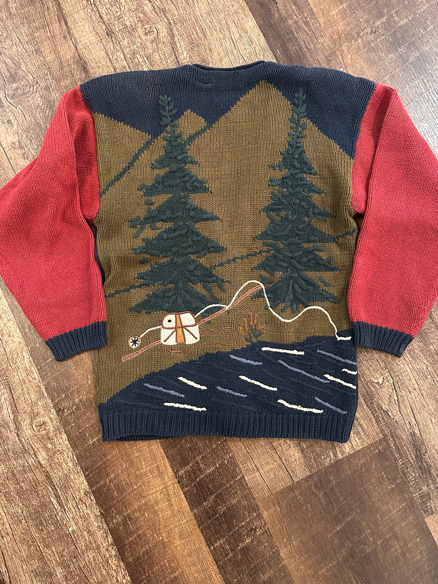 Vintage Sharon Young Knit Sweater (M) Lady Angler Fishing Scene with Elbow Patches