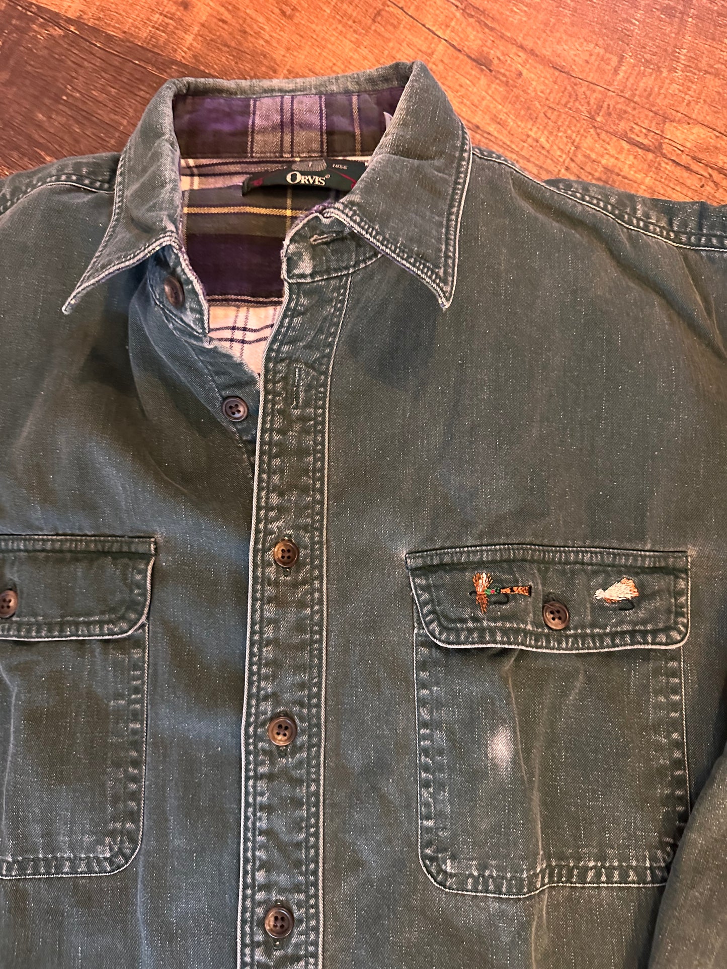Vintage Distressed Orvis Lined Button Down (L) Embroidered Fly Pocket and Elbow Patches - Forest Green