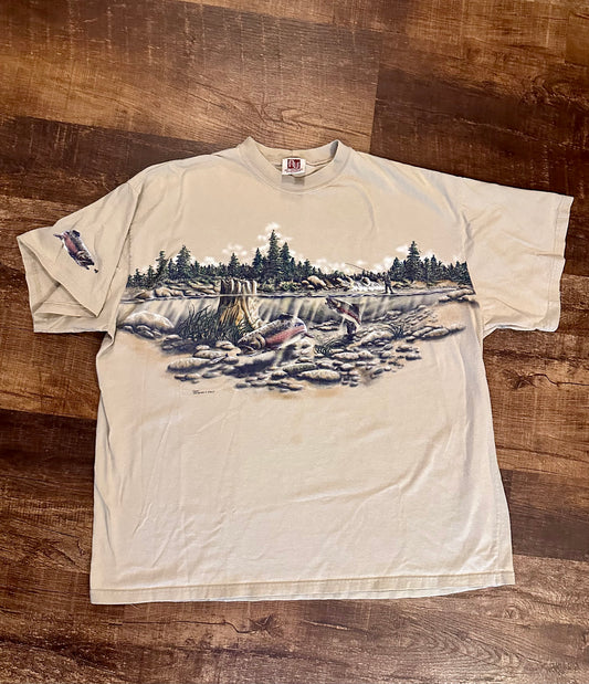 Vintage Art Unlimited Tshirt (XXXL) Fly Fisherman Scene with Trout - Beige