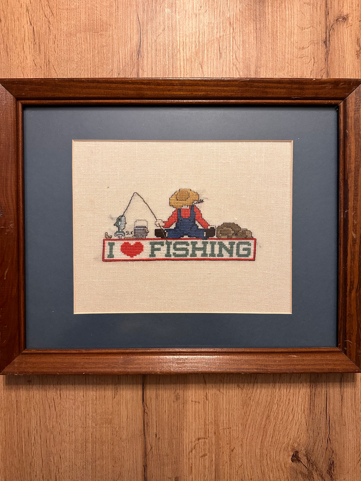 Vintage 1991 Cross Stitch I ❤️ Fishing Framed 15.5”x12.5”