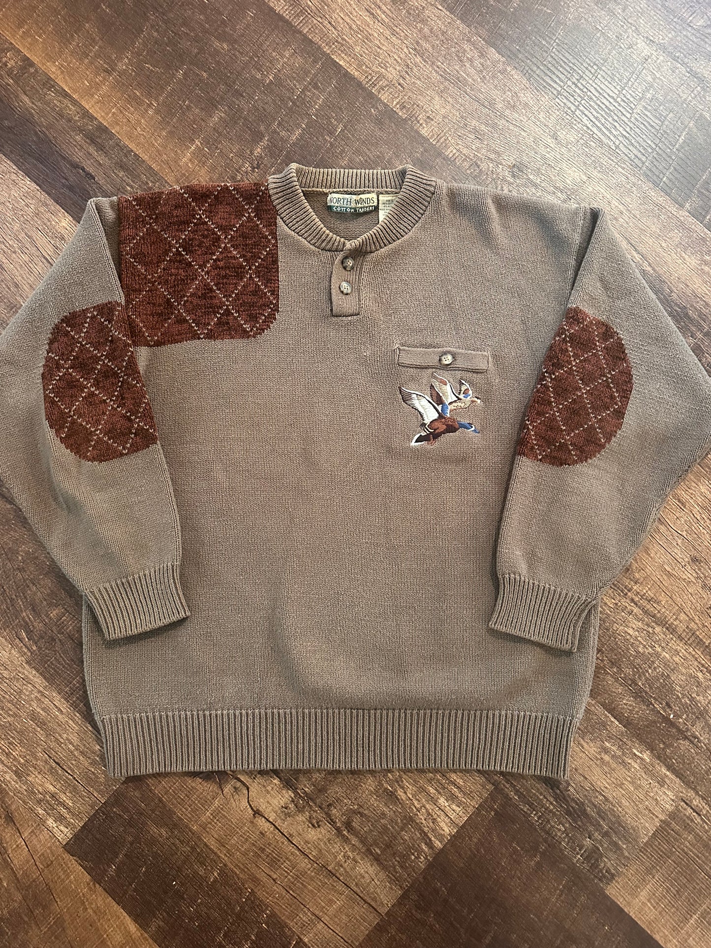 Vintage North Winds Cotton Traders Sweater (L) Embroidered Ducks and Textured Hunt Patches