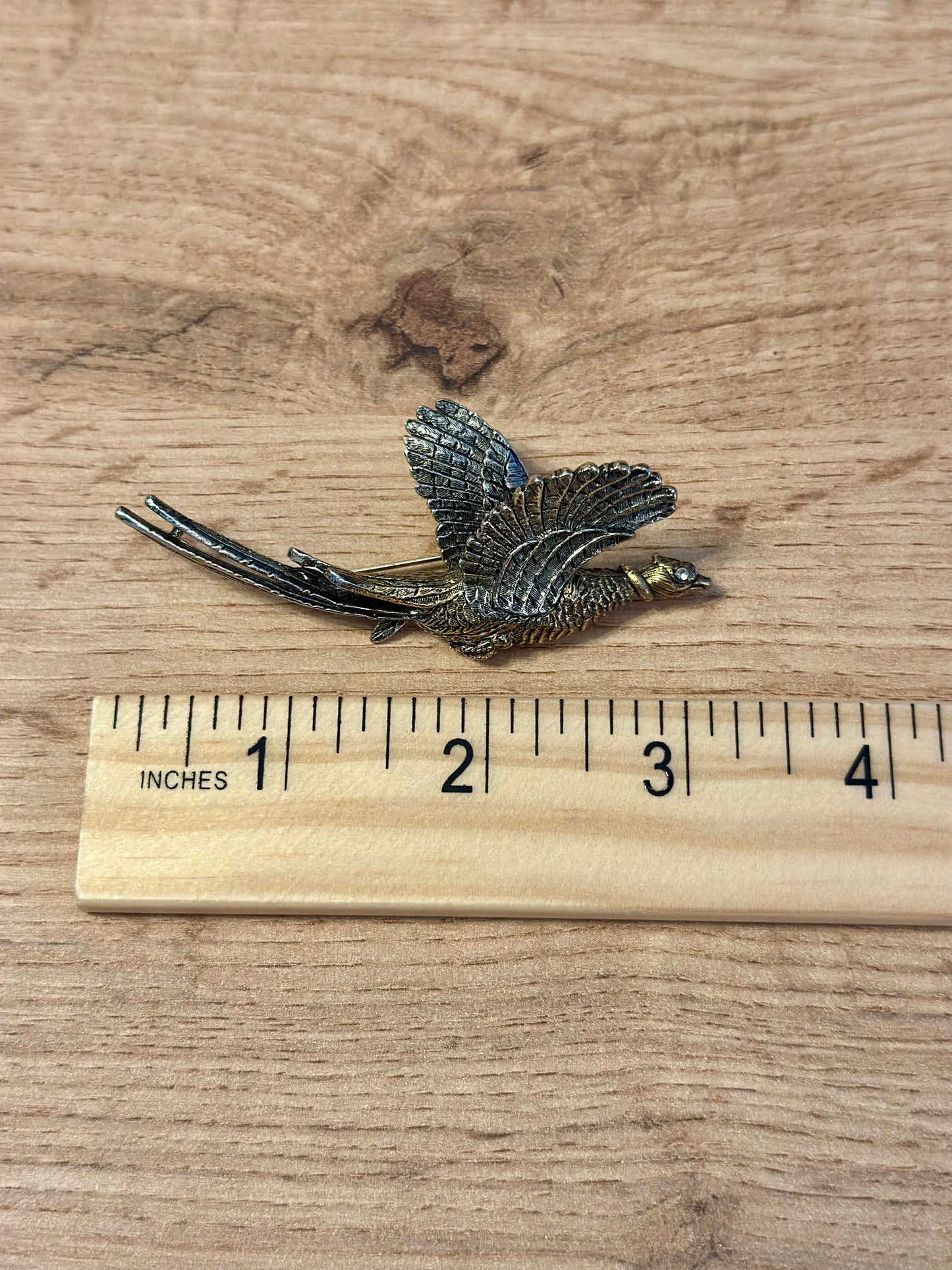Vintage ART Pheasant Brooch Pin - Gold and Silver