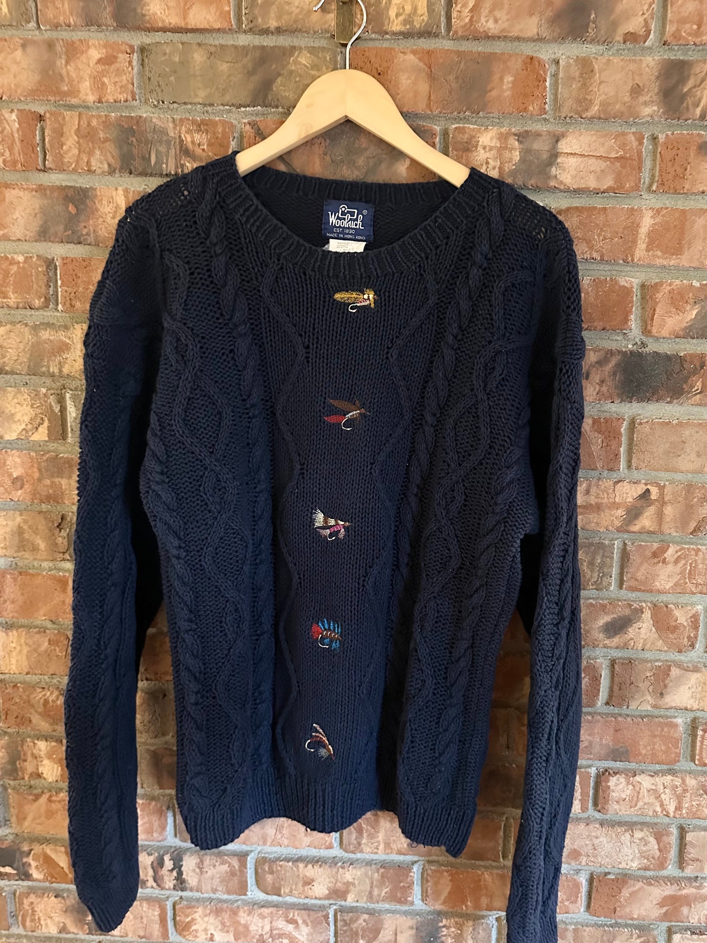 Vintage Woolrich Sweater (XL) Embroidered Fly Lures Dark Navy